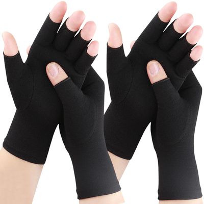 Happymart Arthritis Gloves for Women - Carpal Tunnel Relief Compression Gloves, Rheumatoid Osteoarthritis, Fingerless Gloves for Women Men, 2 Pairs (Pure Black, Medium)