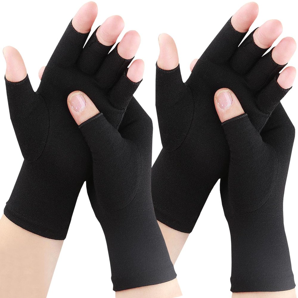 Happymart Arthritis Gloves for Women - Carpal Tunnel Relief Compression Gloves, Rheumatoid Osteoarthritis, Fingerless Gloves for Women Men, 2 Pairs (Pure Black, Medium)