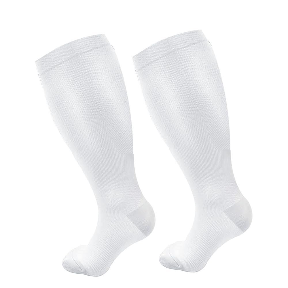Cheeroyal 2 pair Plus Size Compression Socks for Women & Men, 20-30 mmhg Extra Wide Calf Knee High Stockings for Circulation Support (4XL, White)