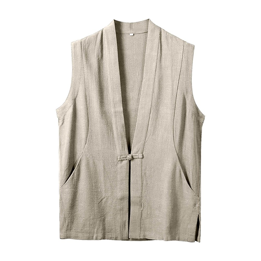 Linen vest men's vest top cardigan vest loose regular fit top casual style jacket summer men blouse casual jacket suit vest regular fit casual shirt Henley shirt, khaki, XXXL