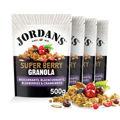 Jordans Granola Super Berry Breakfast Cereal - Redcurrants, Blackcurrants, Blueberries and Cranberries - British Baked High Fibre - No Artificial Flavours or Preservatives - 500g (Pack of 4 x 500g)