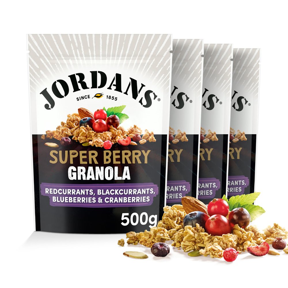 Jordans Granola Super Berry Breakfast Cereal - Redcurrants, Blackcurrants, Blueberries and Cranberries - British Baked High Fibre - No Artificial Flavours or Preservatives - 500g (Pack of 4 x 500g)
