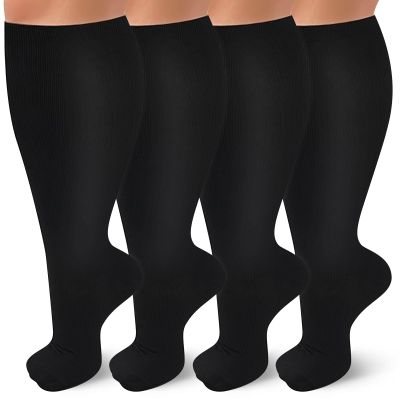 TZYSOKC 4 Pairs Plus Size Compression Socks for Women and Men 20-30 mmHg Wide Calf Extra Large for Circulation Support, Black, XX-Large
