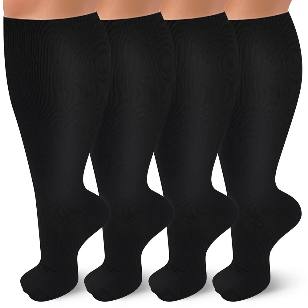 TZYSOKC 4 Pairs Plus Size Compression Socks for Women and Men 20-30 mmHg Wide Calf Extra Large for Circulation Support, Black, XX-Large