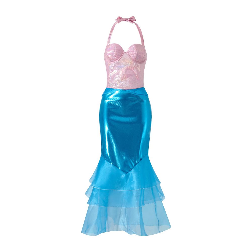 DELIMALI Women's Mermaid Ladies Ruffle Sequin Fairytale Book Fancy Long Tail Dress Womens Adults Costume Outfit (D-Pink Blue, XL)