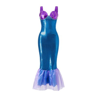 DELIMALI Women's Mermaid Ladies Ruffle Sequin Fairytale Book Fancy Long Tail Dress Womens Adults Costume Outfit (D-Blue Purple, L)