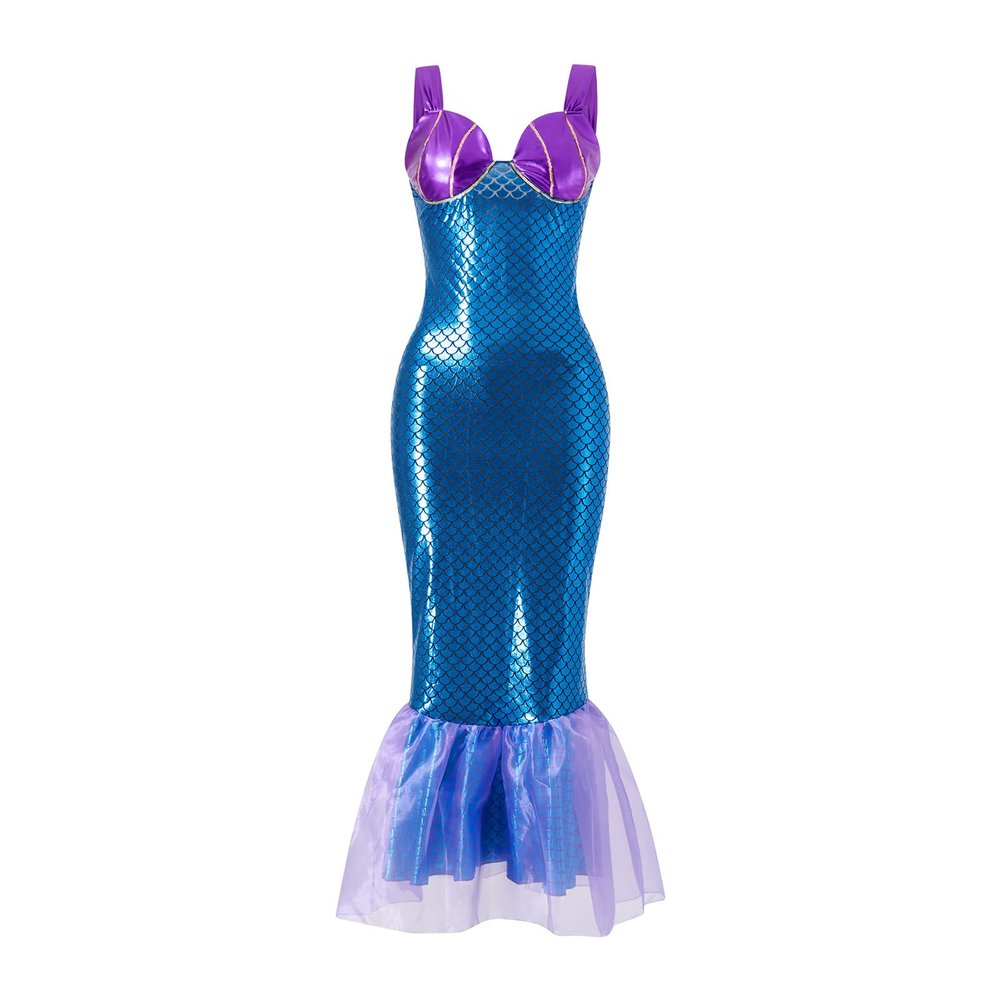 DELIMALI Women's Mermaid Ladies Ruffle Sequin Fairytale Book Fancy Long Tail Dress Womens Adults Costume Outfit (D-Blue Purple, L)