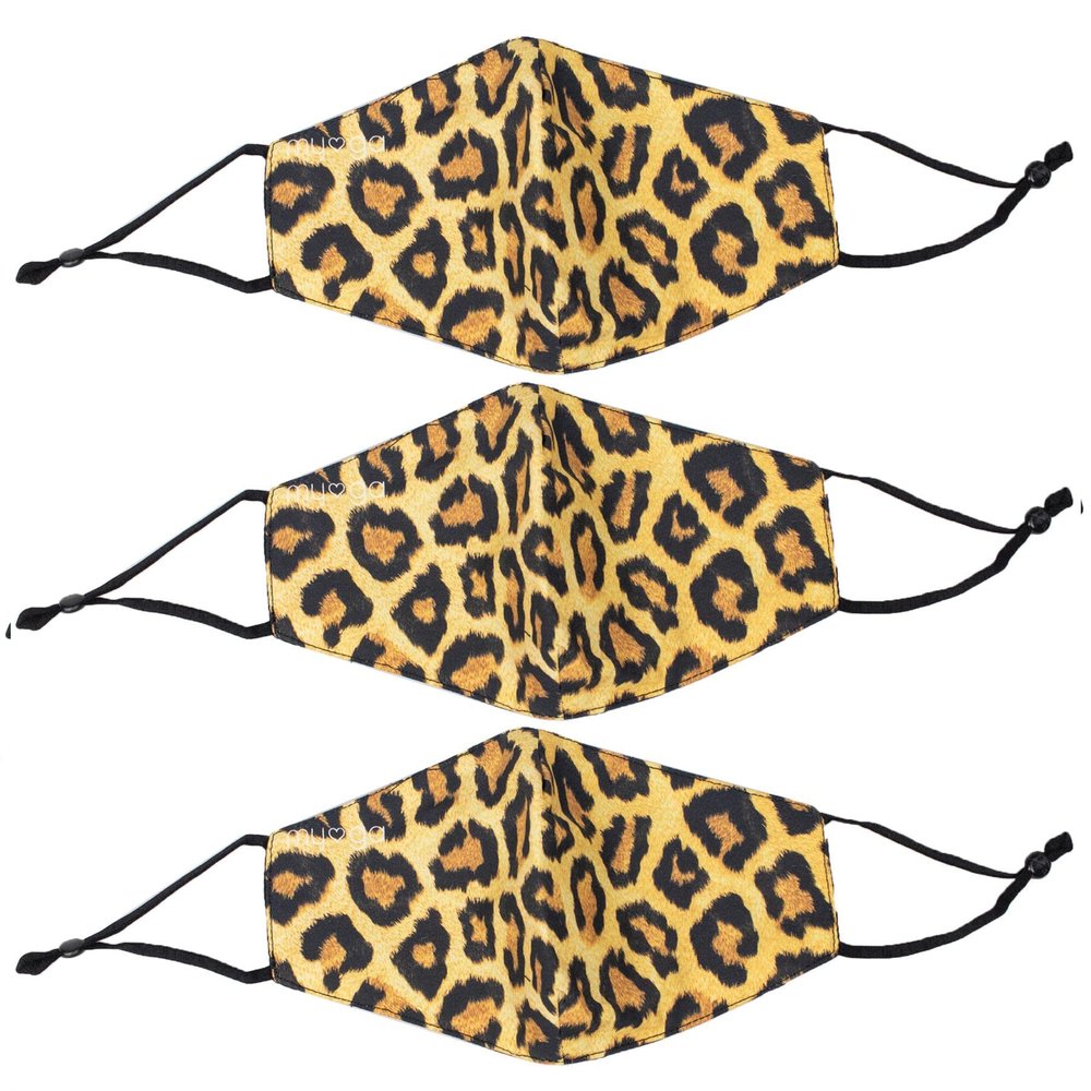 Myga Face Masks - 3 Pack Washable Reusable Fabric Masks with Adjustable Ear Loop and Filter Pocket for Adults - Natural Bamboo & Cotton Face Covering for Sensitive Skin - Set of 3, Leopard