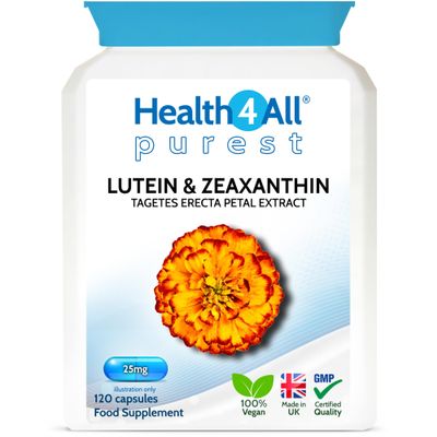 Health4All Lutein and Zeaxanthin Supplement 25mg per Capsule, 120 Capsules 4 Months Supply, Purest Eye Health Marigold Extract Supplement, Natural Eye Vitamins for Vision Care | Made in UK
