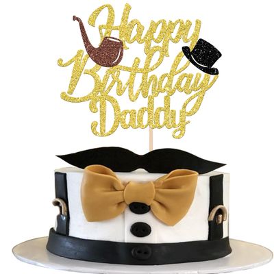 Xsstarmi 1 Pack Happy Birthday Daddy Cake Topper Gold Glitter Best Dad Happy Father's Day Cake Pick for Dad Birthday Happy Father's Day Party Cake Decorations Supplies