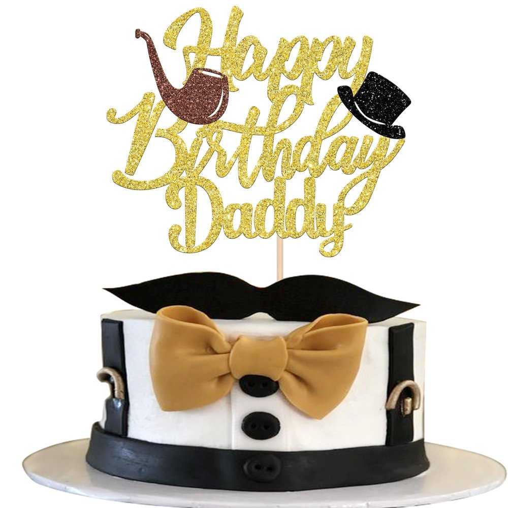Xsstarmi 1 Pack Happy Birthday Daddy Cake Topper Gold Glitter Best Dad Happy Father's Day Cake Pick for Dad Birthday Happy Father's Day Party Cake Decorations Supplies