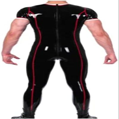 Rubber Latex Red Black Short Sleeve Bodysuit Suit Suit 0.4mm Zip,Customize,X-Small