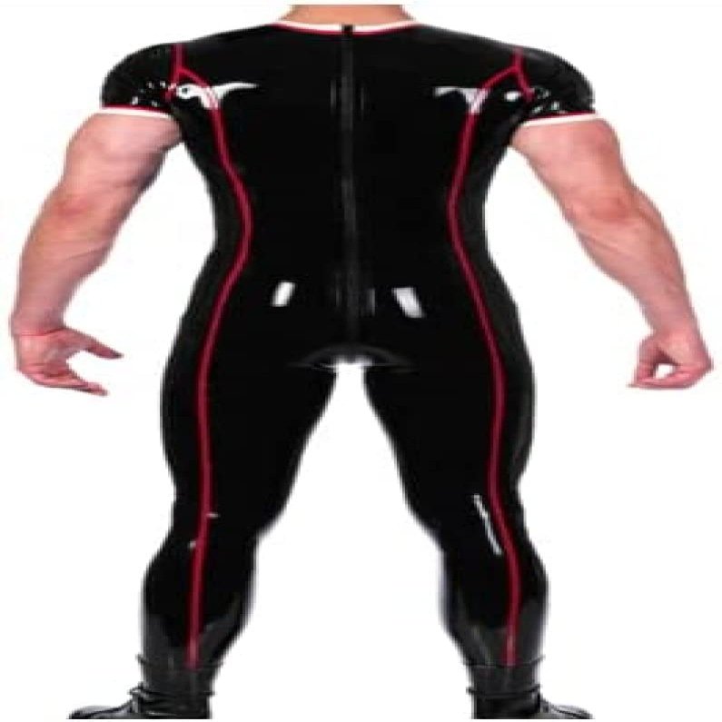 Rubber Latex Red Black Short Sleeve Bodysuit Suit Suit 0.4mm Zip,Customize,X-Small