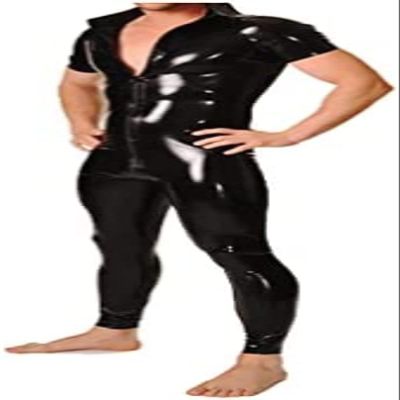 Latex Men Black Handsome Jumpsuits Tight 0.4mm Latex,Black,X-Large