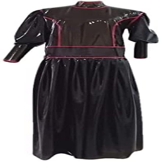 Natural Latex Clothes Women's Long Skirt Long Swing Dress Puff Sleeve Black Handmade Customization,Black+red Border,X-Large
