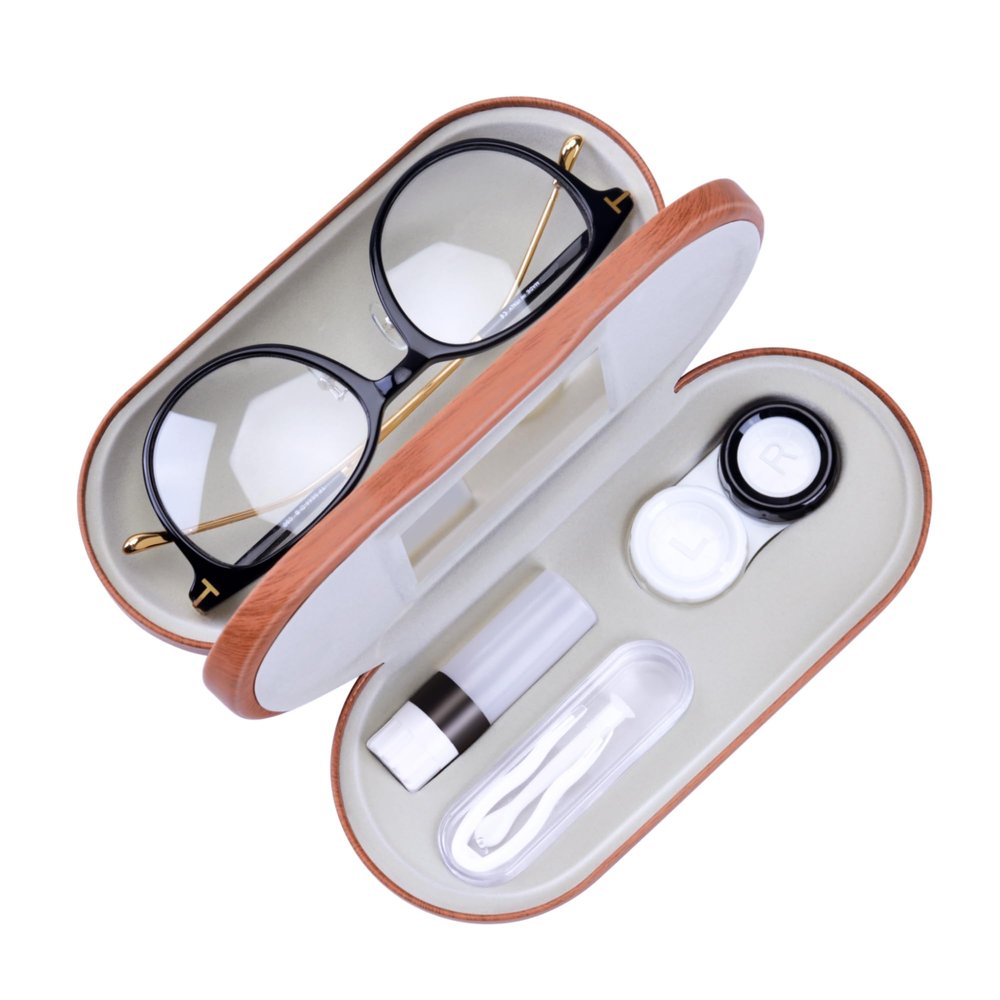 Muf 2 in 1 Contact Lens Case and Glasses Case,Double Sided Dual Use Design,Leak Proof & Portable,Tweezer and Contact Lens Solution Bottle Included for Travel Kit(Walnut Wood)
