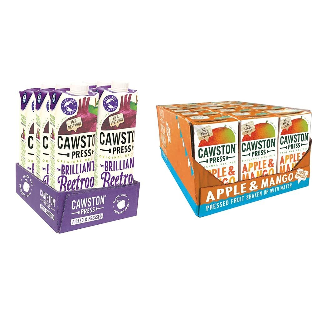 Cawston Press Brilliant Beetroot Pressed Juice, 1 l, Pack of 6 & Fruit Water Kids Drink | Pressed Apple & Mango Flavoured Water | 200ml x 18 Pack Mango & Apple Juice Cartons