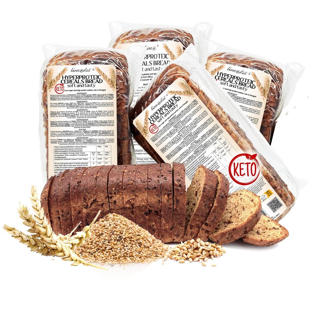 4 Packs Keto protein bread Line@ - 1,5g Carbs, 0,5g Sugars, 6,8g Protein per slice - (16 slices) Multi seeded bread, keto snack, 30% protein, 58 kcal per slice