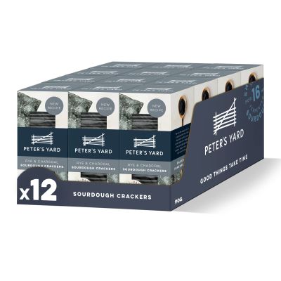 Peter's Yard Sourdough Crackers, Rye & Charcoal, Great with Chutney and Cheese, High Fibre, Natural Ingredients, Low Sugar 90g x 12