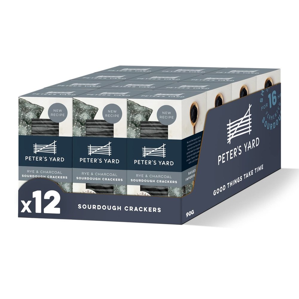 Peter's Yard Sourdough Crackers, Rye & Charcoal, Great with Chutney and Cheese, High Fibre, Natural Ingredients, Low Sugar 90g x 12