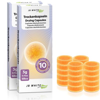JB White 20 Hearing Aid Drying Capsules for Phonak C&C Dry-Cap, Starkey and Unitron Charger Case | Dehumidifier Orange Silica Desiccant Tablets (2 Pack, 20pcs, 3g)