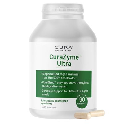 CURA NUTRITION CURAZYME Ultra (90 Capsules) Advanced Digestive Enzymes Supplement for Gut Health, Gold Digest Formula for Bloating, Heartburn, Digestion Relief, Ax-Max500 Digestion Accelerator, Vegan