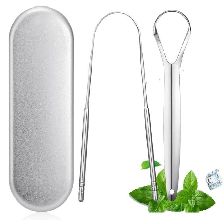 2 stainless steel tongue cleaners. and 1 storage case. Removes bad breath. Antibacterial properties. Recommended by dentists. Tongue scraper mouth cleaning, recyclable, easy cleaning.