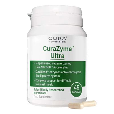 CURA NUTRITION CURAZYME Ultra (45 Capsules) Advanced Digestive Enzymes Supplement for Gut Health, Gold Digest Formula for Bloating, Heartburn, Digestion Relief, Ax-Max500 Digestion Accelerator, Vegan