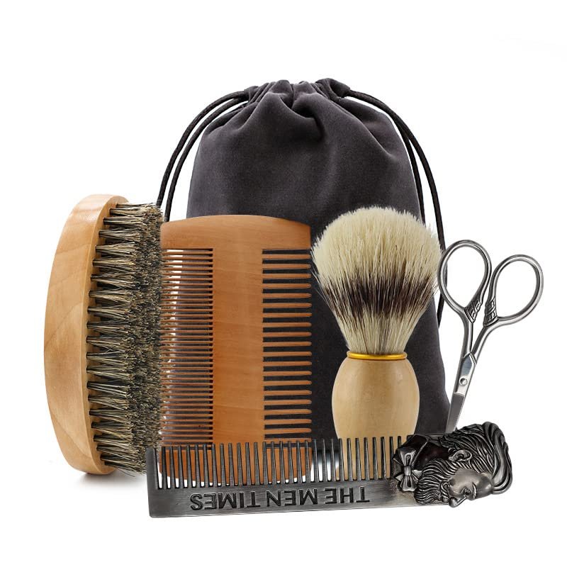 6pcs Beard Comb Brush Set for Men Natural Boar Bristle Brush and Dual Action Wood Comb Great with Velvet Travel Pouch for Facial Cleaning Mustache Tools Gift Bag