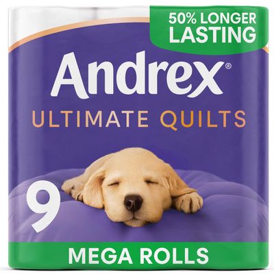 Andrex Ultimate Quilts 9 Mega Toilet Rolls = 13.5 Standard Toilet Rolls, 50% Longer Lasting Paper, Air Pocket Technology for Soft, Thick Sheets, FSC Certified
