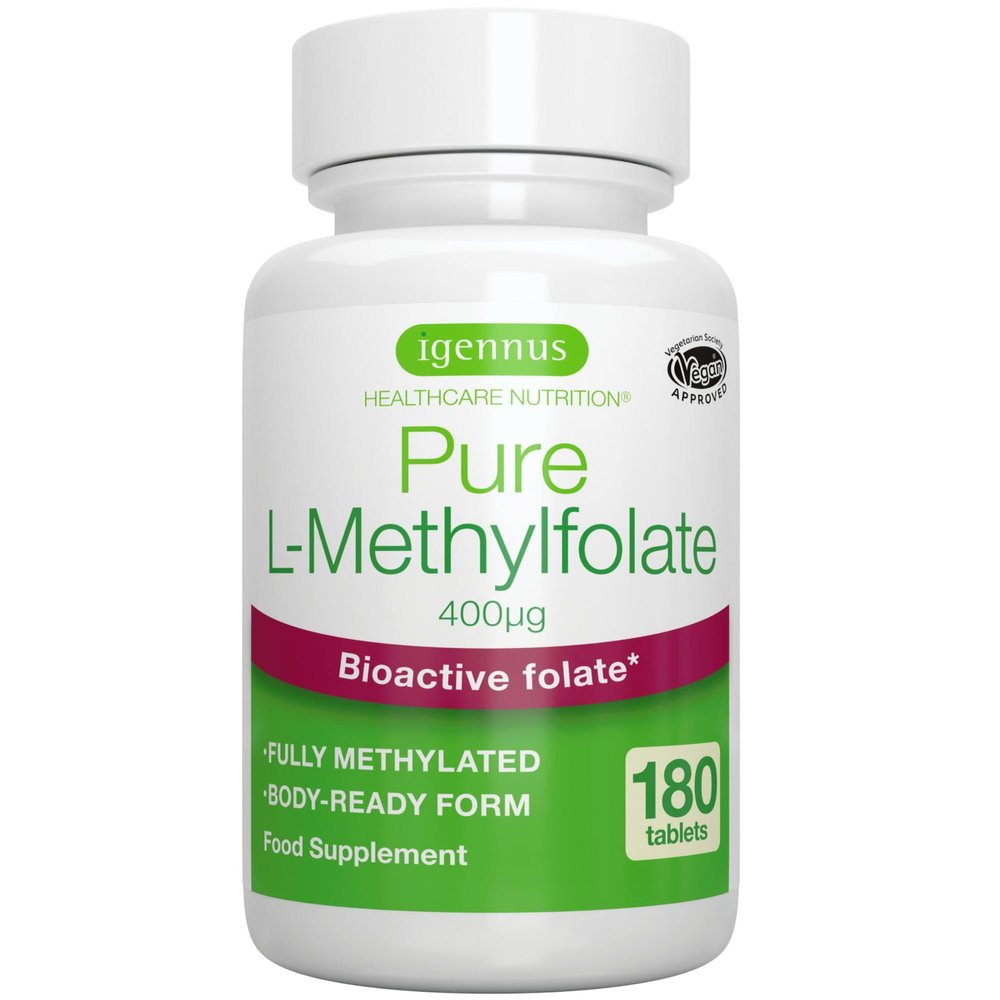 Igennus Clean Methyl Folate 400 mcg, 180 Tablets, Methylated Form of Folic Acid 5-MTHF (Vitamin B9), Vegan, Suitable for Pregnancy, Pure Formula, One-a-Day, 6 Month Supply