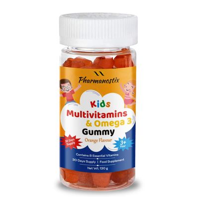 Chewable Multivitamin & Omega3 Bear Gummies for Kids - Children's Orange Flavour - Age 3 Upward- Omega 3 Supplement, with Vitamin C, A, B, D & Vitamin E (90 Gummies)