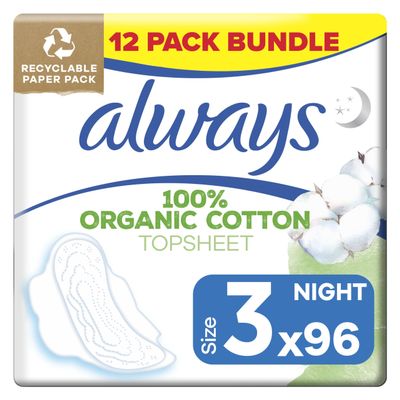 Always Cotton Protection Ultra Normal Sanitary Towels, Size 3 With Wings, 96 Pads, 100% Organic Cotton Topsheet