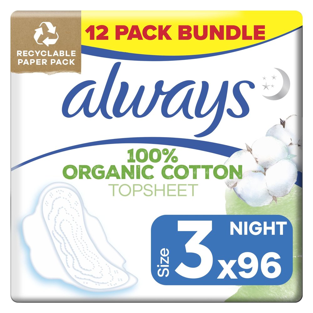 Always Cotton Protection Ultra Normal Sanitary Towels, Size 3 With Wings, 96 Pads, 100% Organic Cotton Topsheet