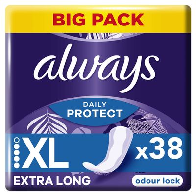Always Daily Protect Extra Long Panty Liners, Odour Lock, 38 Count, Comfortable with Absorbent Core