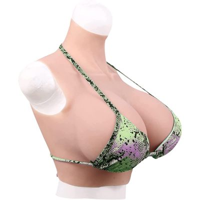 LXURY Realistic Silicone Breastplate High Collar False Breasts Fake Boobs Enhancer B-H Cup Breast Forms for Crossdresser,white,F CUP`Silicone Filled