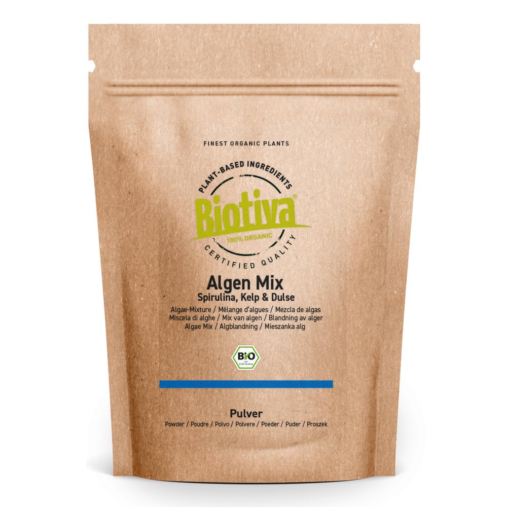 Algae Mix Organic 150g Powder - Dulse Kelp Spirulina - Algae Mixture from Organic Farming - Bottled and Controlled in Germany - Biotiva