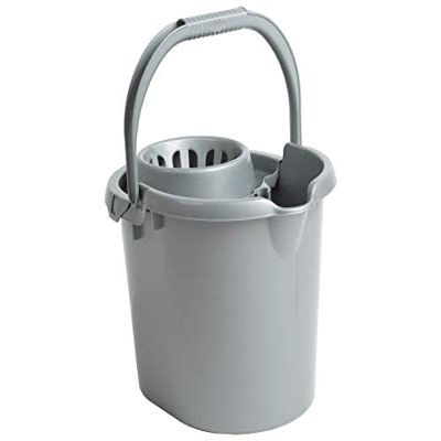 16 Litre Deluxe High Grade Plastic Mop Bucket Floor Cleaning Bucket with Removeable Wringer Attached | Easy Grip Carry Handle (Silver) - Made In UK
