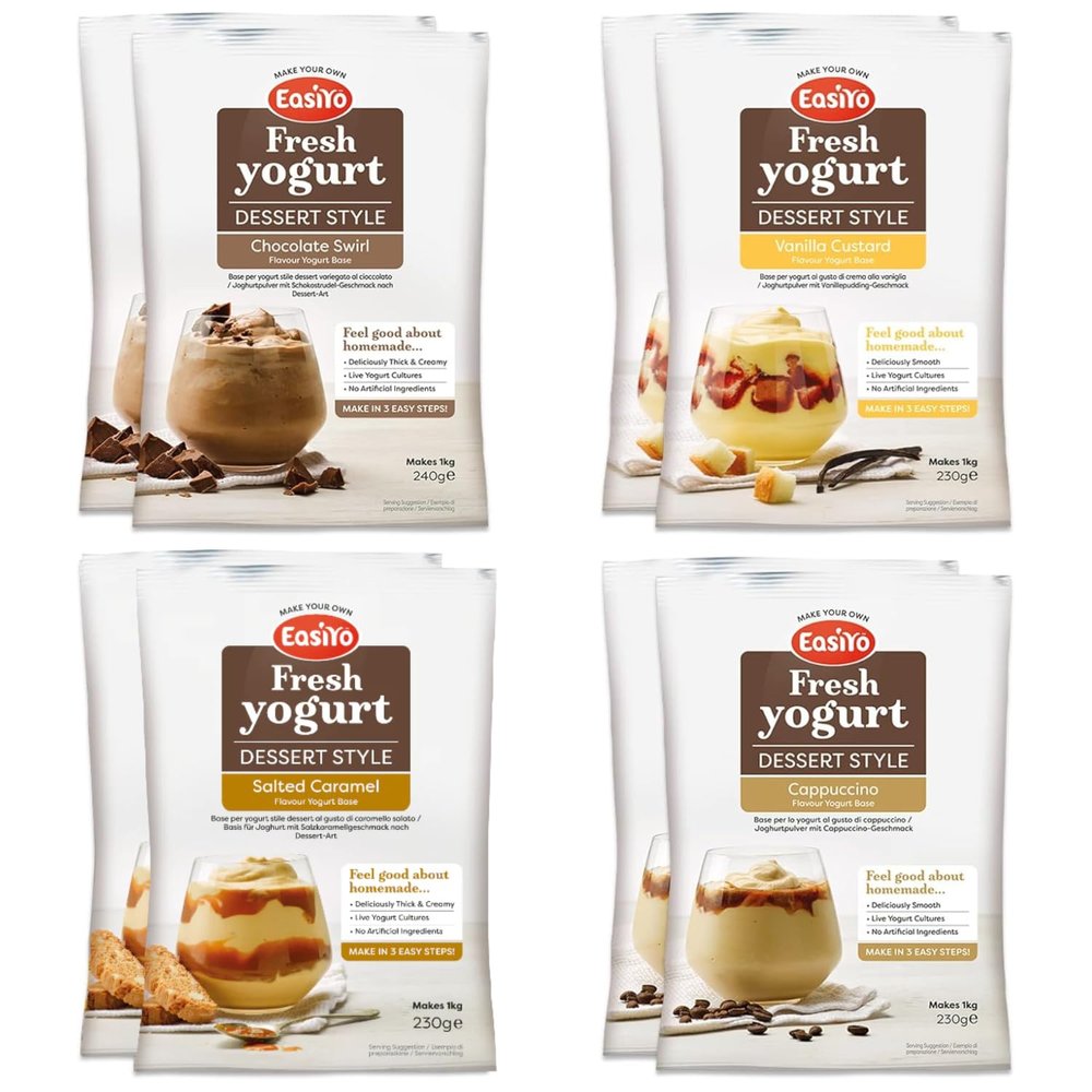 EasiYo Yogurt 8 Sachet Pack | EasiYo Dessert Mixed Pack | 2 x Chocolate Swirl 2 x Vanilla Custard 2 x Salted Caramel 2 x Cappuccino | Each Sachet Makes 1kg of Yogurt