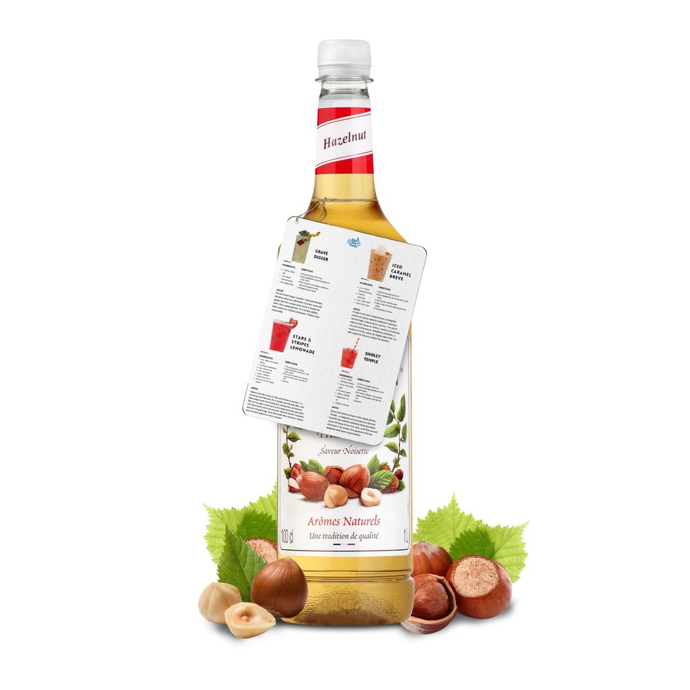 Blue Nile Foods Recipe Card with Hazelnut Syrup for Coffee, Cocktails, and Desserts | Nutty and Sweet Hazelnut Monin Coffee Syrup and Recipe Card | 1L Premium Cocktail Bottle