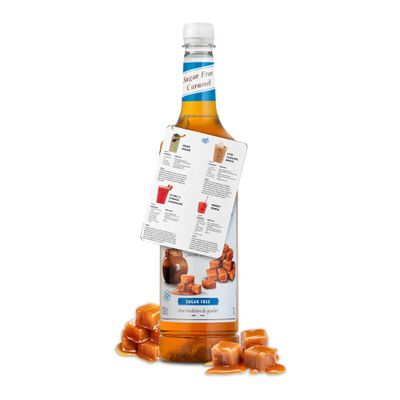 Blue Nile Foods Recipe Card with Sugar Free Caramel Syrup for Coffee, Cocktails, and Desserts | Rich and Buttery Sugar Free Caramel Monin Coffee Syrup and Recipe Card | 1L Premium Cocktail Bottle
