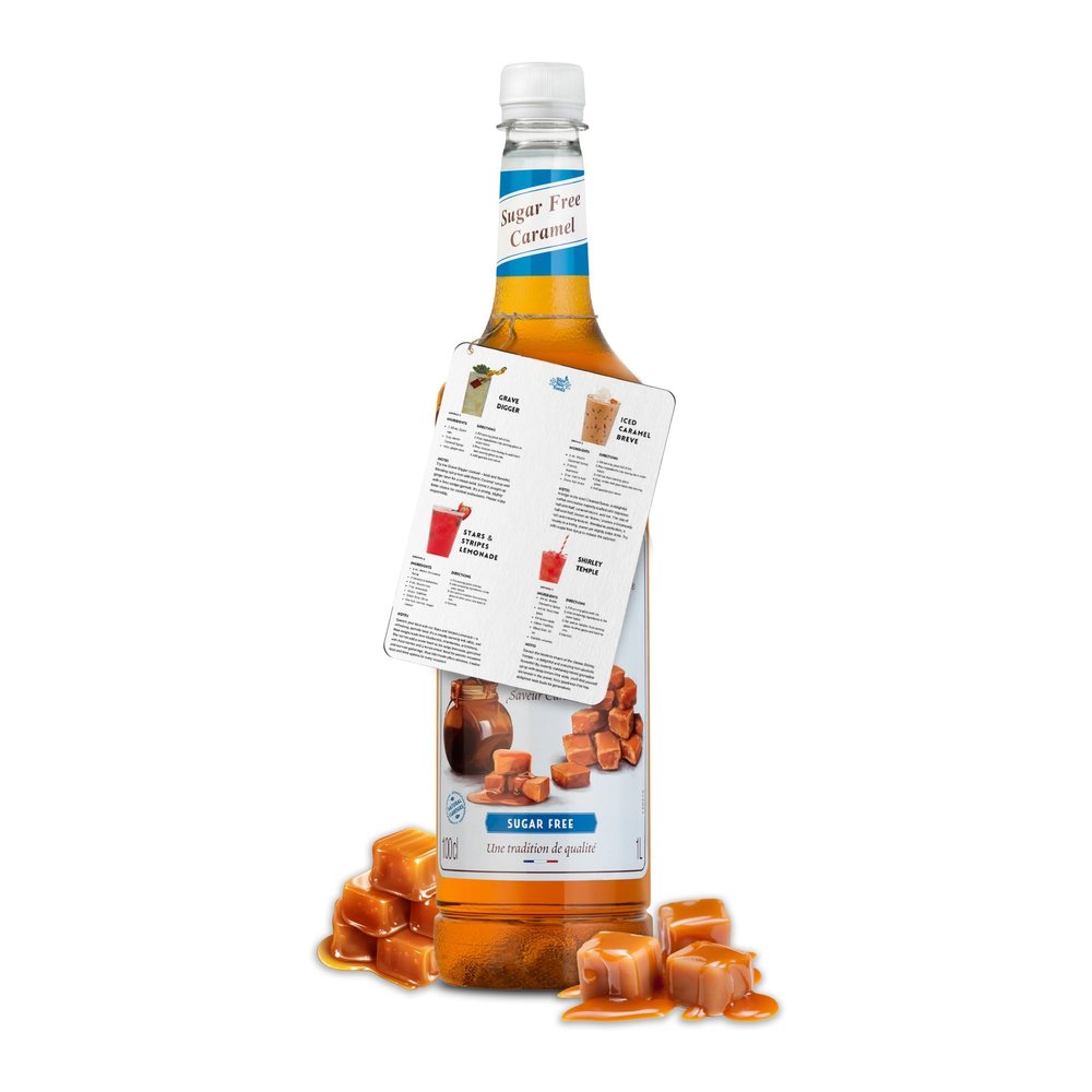 Blue Nile Foods Recipe Card with Sugar Free Caramel Syrup for Coffee, Cocktails, and Desserts | Rich and Buttery Sugar Free Caramel Monin Coffee Syrup and Recipe Card | 1L Premium Cocktail Bottle