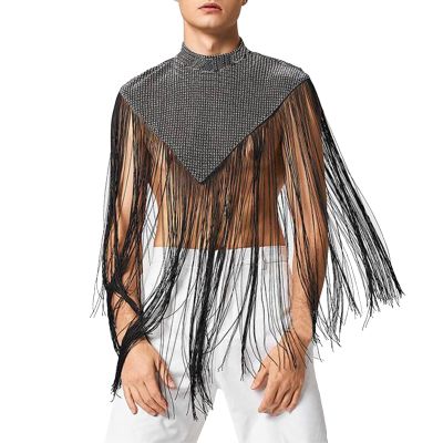 Mesh shirt men's mesh shirt muscle transparent short sleeve shirts mesh shirt sexy underwear mesh shirt men irregular scarf high neck tassel cape vest, A1 Grey, M