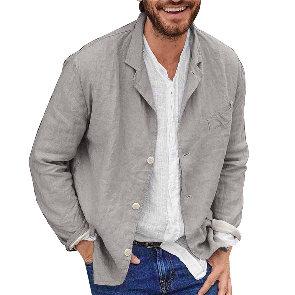 Men's Cotton Linen Leisure Suit Jacket Summer Plain Refreshing Slim Cotton Linen Breathable Simple Colours Suit Collar Single Breasted Long Sleeve Shirt Top, gray, XL