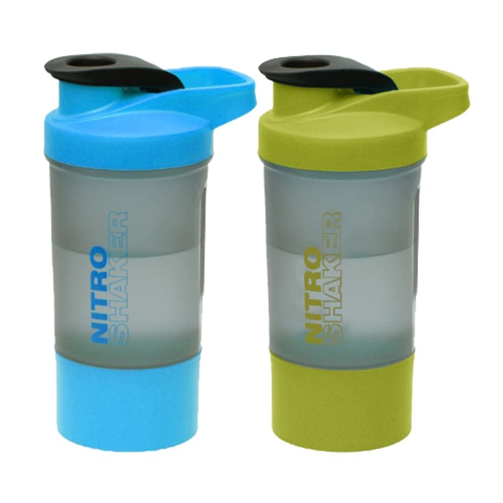 Set of Blue and Green - Nitro Plastic Protein Shaker Bottle On The Go with Rust-Free Steel Spring Ball Flip Cap BPA Free Detachable Storage Cup Spill Proof Gym Sports Supplements Measurable - 600 ml