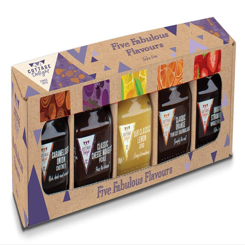 Cottage Delight - Five Fabulous Flavours - Caramelised Onion Chutney 105g - Classic Cheese Makers Pickle 115g - Our Classic Lemon Curd 105g - Orange Marmalade 113g - Original Strawberry Jam 113g