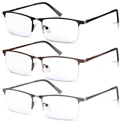 Xnourney 3 Pack Blue Light Blocking Reading Glasses for Men, Stylish Half Frame Metal Computer Readers, Lightweight Spring Hinge Eyeglasses Anti Eyestrain/Glare/UV (Mix Color, Black+Grey+Brown, 1.5)