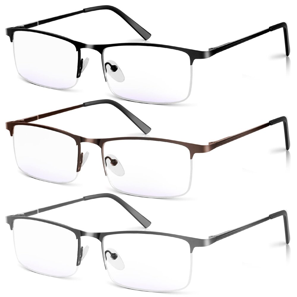 Xnourney 3 Pack Blue Light Blocking Reading Glasses for Men, Stylish Half Frame Metal Computer Readers, Lightweight Spring Hinge Eyeglasses Anti Eyestrain/Glare/UV (Mix Color, Black+Grey+Brown, 1.5)