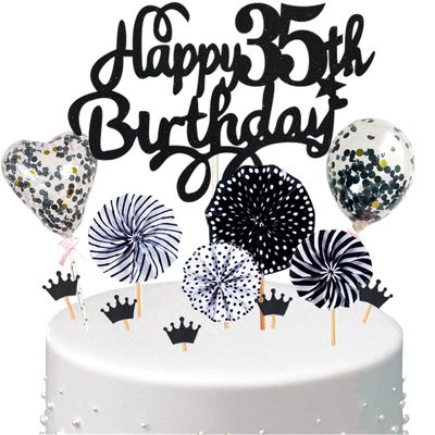 Conruich Cake Decoration 35th Birthday Man, Cake Topper Happy 35th Birthday Black, Glitter Cake Topper 35th Birthday Balloons Confetti Paper Fans for Birthday Cake Decoration 35 Years Women Men