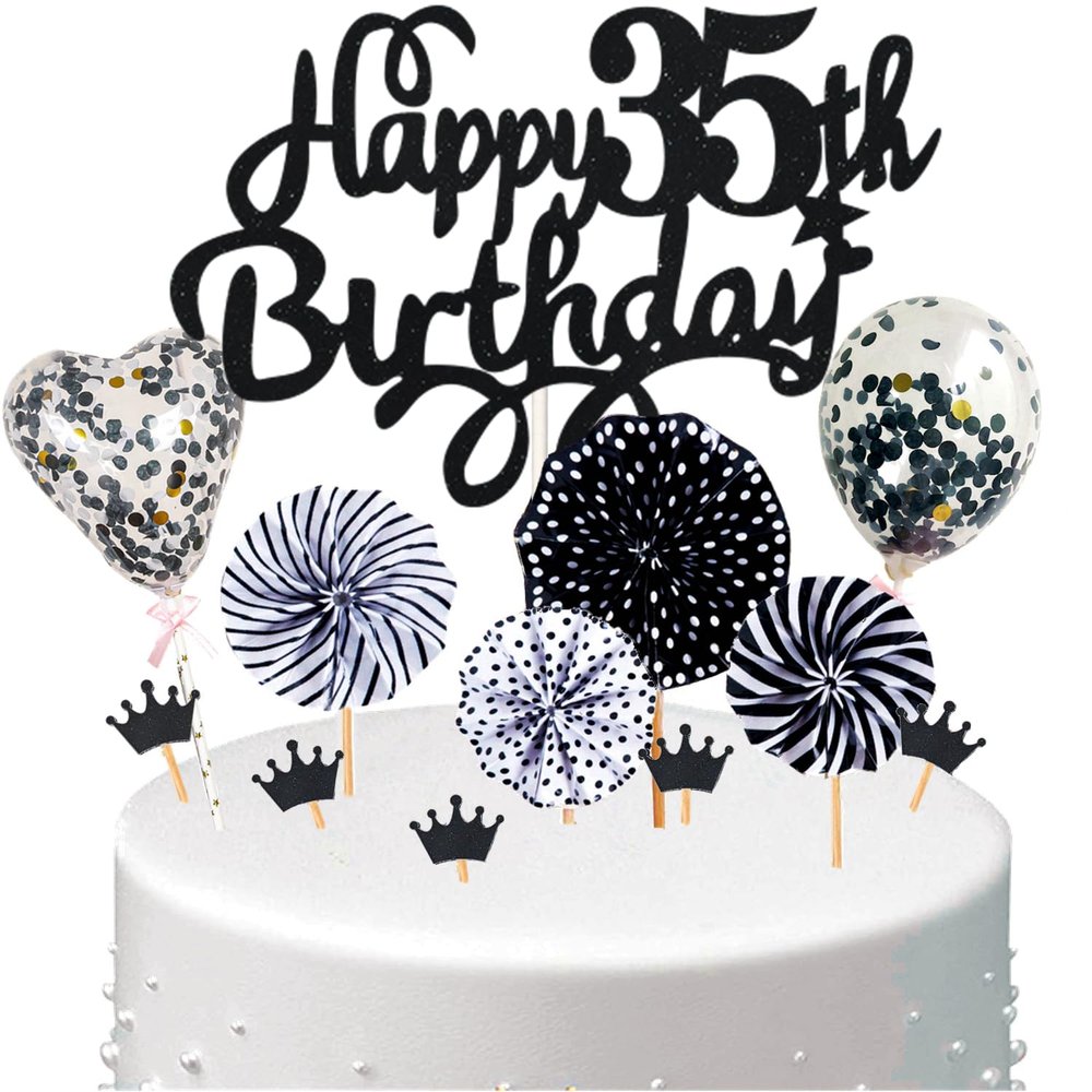Conruich Cake Decoration 35th Birthday Man, Cake Topper Happy 35th Birthday Black, Glitter Cake Topper 35th Birthday Balloons Confetti Paper Fans for Birthday Cake Decoration 35 Years Women Men